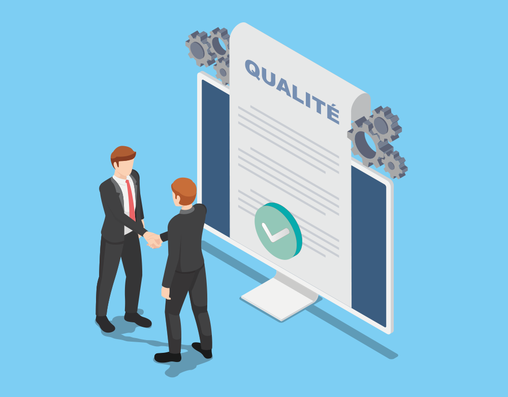 Certification qualité Document certifiant la qualité avec deux hommes qui se serrent la main.